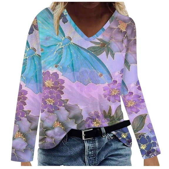 IROINNID Savings Womens Long Sleeve V-Neck Shirts Plus Size Lounge Loose Printed Tops Blouse,Purple