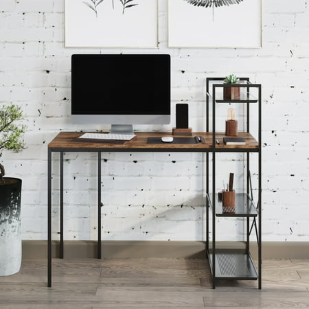 UPC: 0194189707093 | Lavish Home All-in-One Computer Desk with Shelves  Wooden Top and Metal Legs  Brown/Black