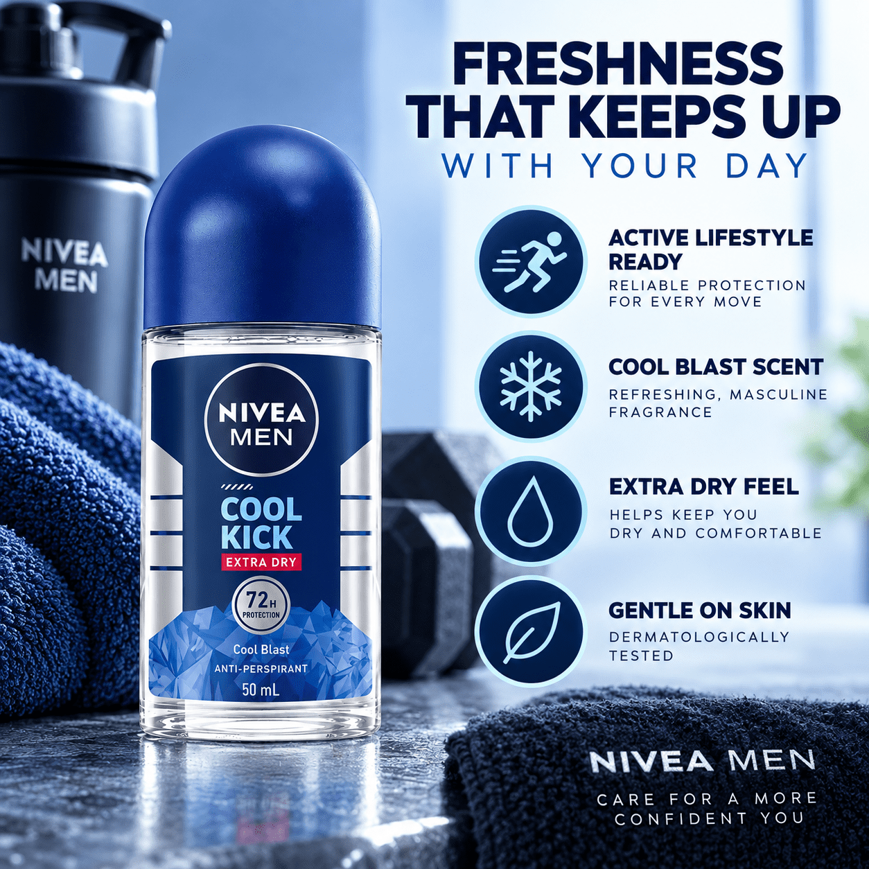 NIVEA Men Cool Kick Anti-Perspirant Roll-On, 50ml, 72 Hr Sweat and