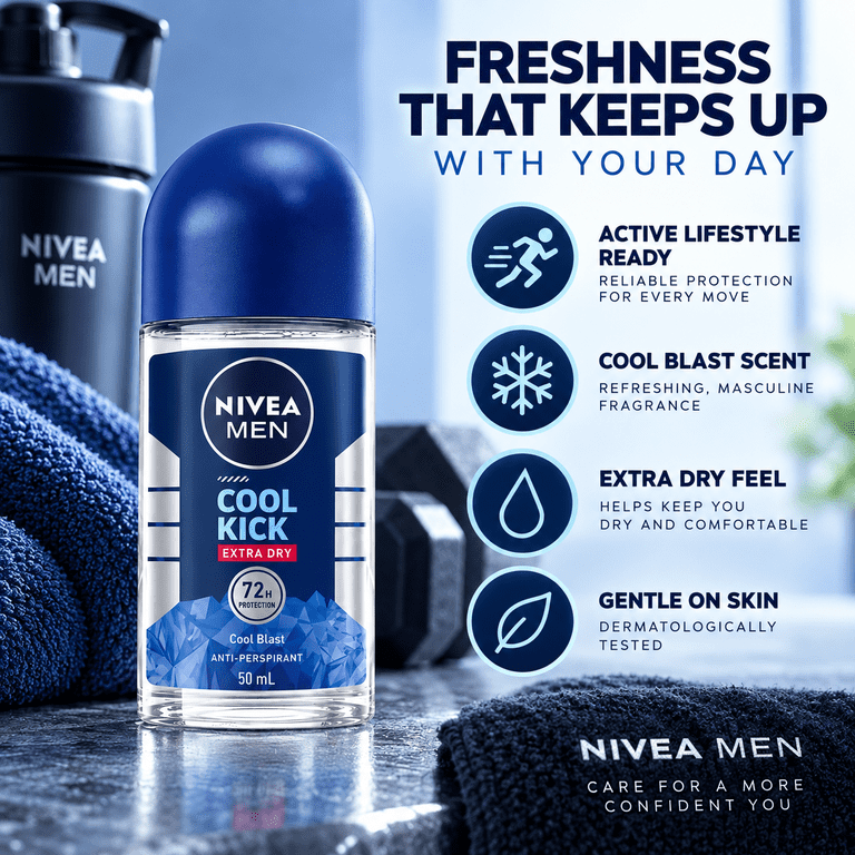 NIVEA Men Cool Kick Anti-Perspirant Roll-On, 50ml, 72 Hr Sweat and