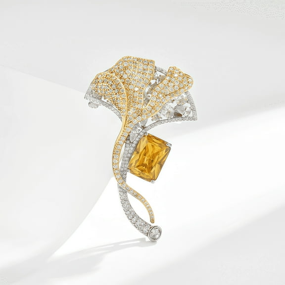 Ginkgo Leaf Brooch Jewelry with Yellow White Zircon, Copper, 1 Count