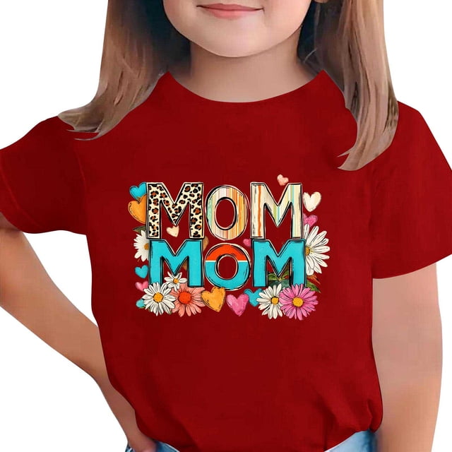 Zpanxa T-Shirts pour Tout-Petites Fille Imprimé Fête des Mères Col Rond Manches Courtes Haut Polyester Spandex 10-11 Ans