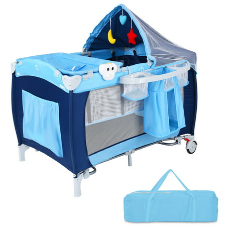 Costway Foldable Baby Crib Playpen Travel Infant Bassinet Bed Mosquito Net Music w (Best Play Yards For Travel)