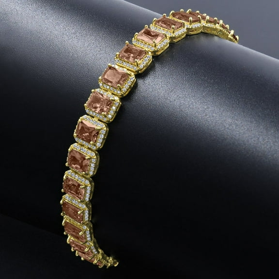 Smokey Brown Topaz 14K Yellow Gold Finish Simulated Diamonds Solitaire Mens Ladies Bracelet 10mm / 8.5 Inch