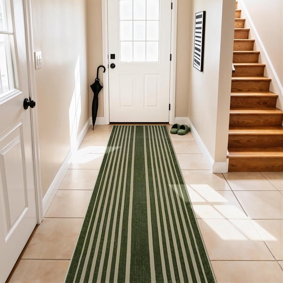 Voguly 2.5x8 Green Striped Runner Rug, Modern, Bohemian, Washable, Non Slip, Non Shedding, Low Pile, Bathroom, Hallway, Entryway, Kitchen, Laundry Room, Bedroom, Porch Decor