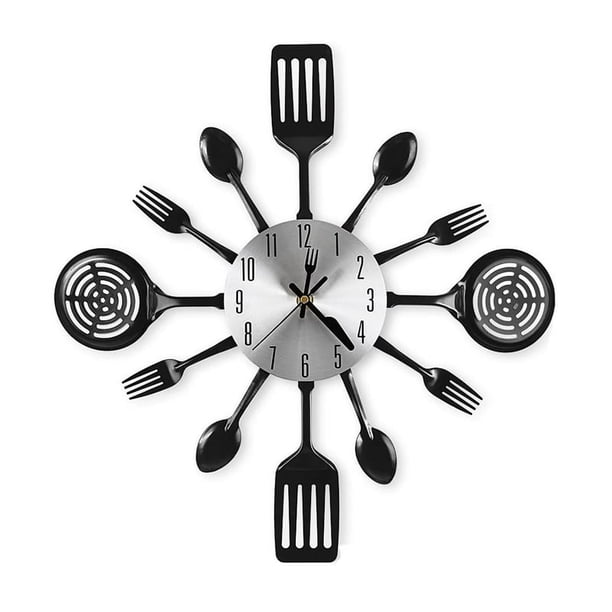 Relojes de Pared de Cocina Grandes de 16 Pulgadas con Cucharas y Tenedores, Reloj de Pared de Vajilla 3D, DecoracióN del Hogar (Negro)