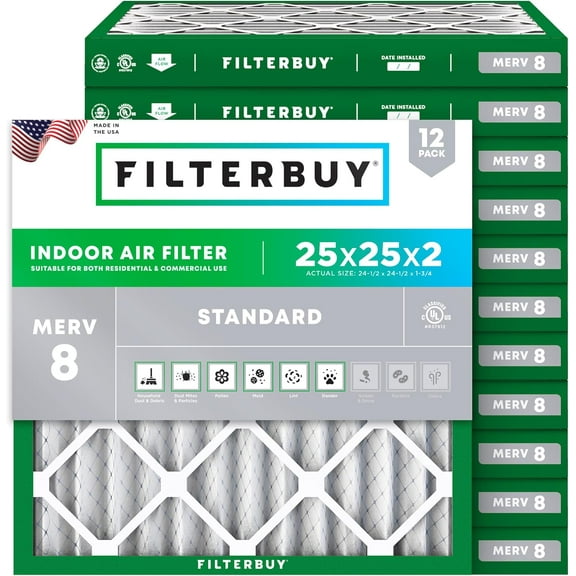 Filterbuy 25x25x2 Air Filter MERV 8 Dust Defense, Pleated HVAC AC Furnace Filter Replacement, 12-Pack