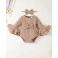 thumbnail image 4 of Newborn Baby Girls Clothes 3 Months Girls 3PCS Romper Outfits Set Solid Color Newborn Girls Long Sleeve Top Pants Set with Headband Apricot, 4 of 5