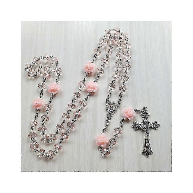 Rose Crystal Rosary Necklace Catholic Vintage for Cross Pendant Long Chain Necklace Religious Jewelry Gift