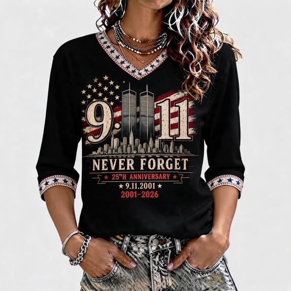 Never Forget 9/11 V Neck Tops for Women Retro Memorial T-Shirts 2001-2026 25TH Anniversary Patriot Day Honor Faith Hope Shirt, S