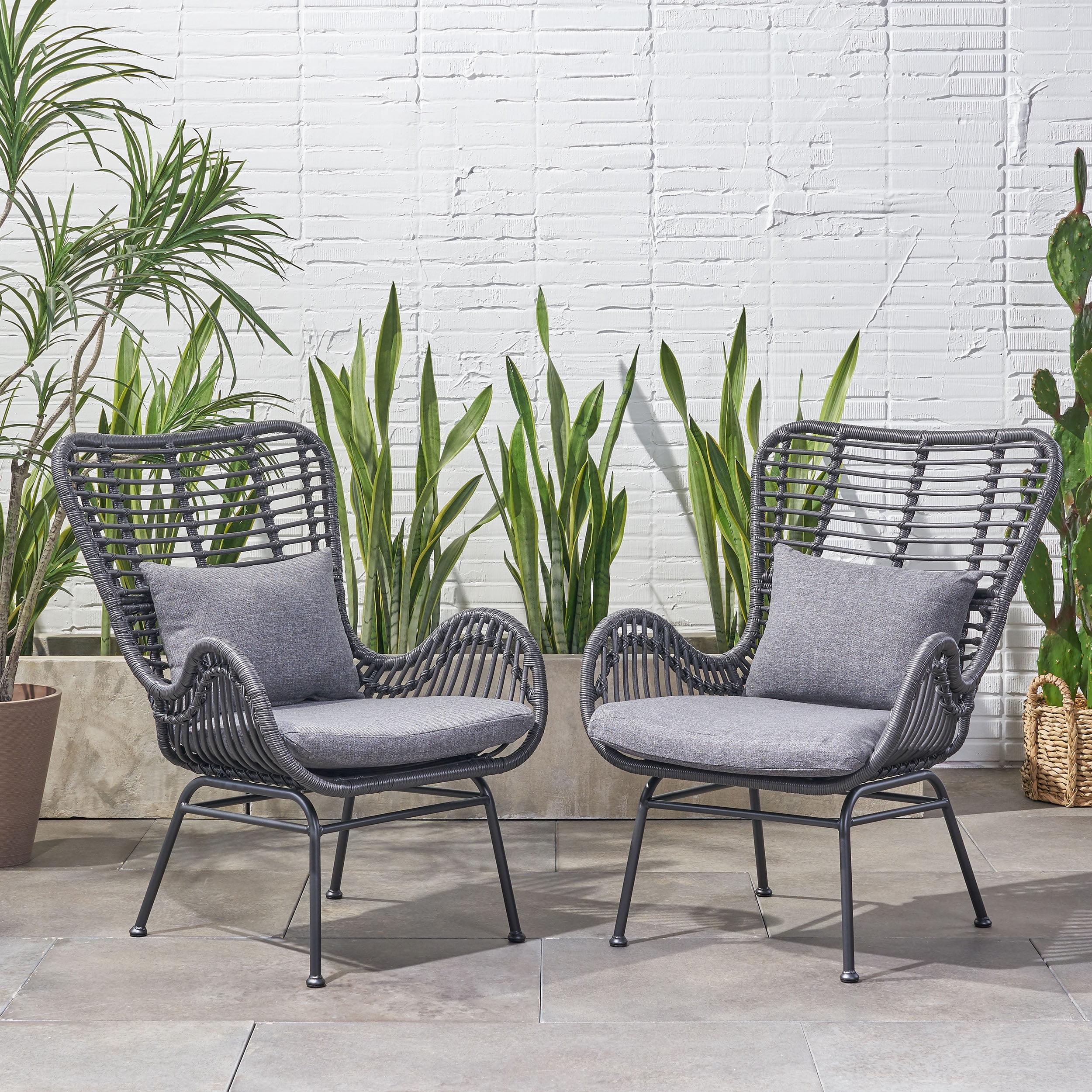 Euroco Set of 2 Modern Rattan Outdoor Chairs with Water-Resistant Cushions, Handwoven PE Wicker, and Steel Frame