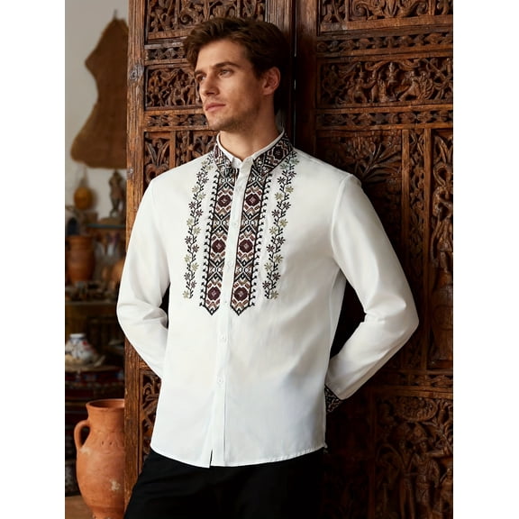 Men's ethnic style long-sleeved shirt with unique printing design, suitable for daily casual wear
