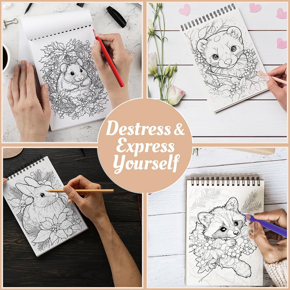 Netecom Christmas Critters Coloring Book Spiral Bound For Adults, A5 Wooden Cover, 30 Playful Coloring Pages of Cute Holiday Creatures for Stress Relief and Relaxation