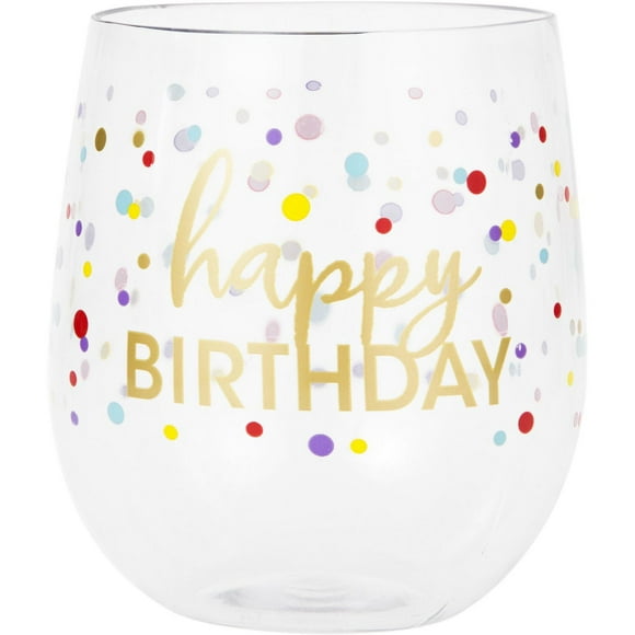 Verre à vin en plastique Happy Birthday à pois multicolores