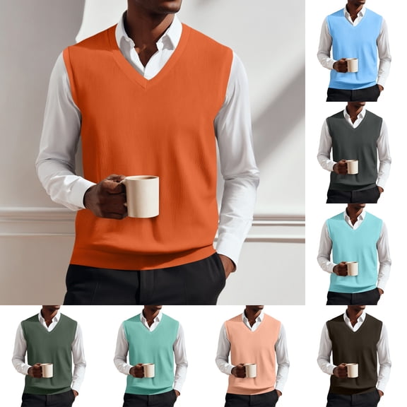 Men's Sleeveless Sweaters V Neck Sweater Vest Knit Pullover Casual Layering Vests for Men Classic V Neck Vest Orange 3XL