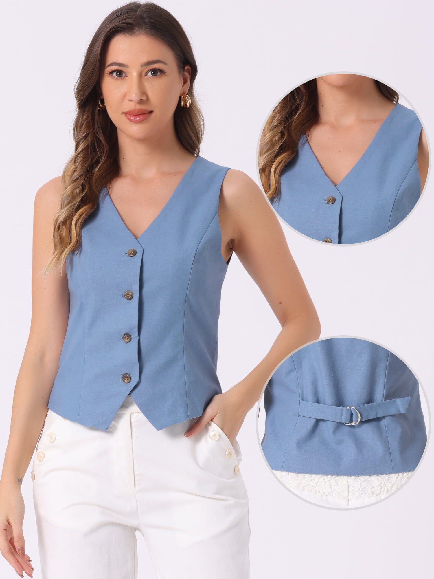 DARING DIVA Women's Button Down Sleeveless V Neck Crop Top Summer Vest XL Light Blue