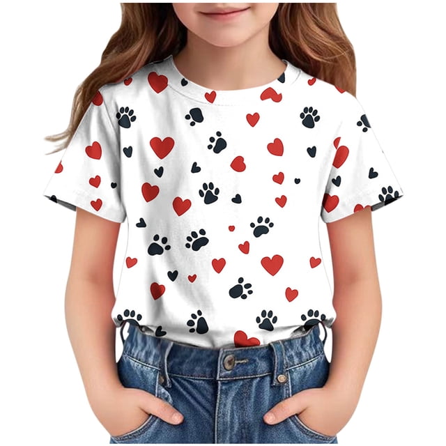 Zpanxa T-Shirts Athlétiques pour Filles Imprimé Étoile Col Rond Manches Courtes Haut Décontracté Polyester Spandex 3 Ans