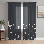 Sheer Curtain Panels Stars Moon Rod Pocket Voile Window Curtains Starry Night Black Window Treatments Ligh Filtering Privacy Curtain Drapes for Bedroom Living Room 2 Panel Set 63 Inch