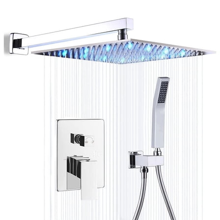 12" LED Chrome Shower Faucet System Set Square Shower Head W/Handheld Mixer Tap