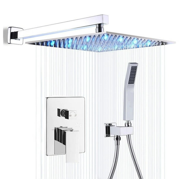 12" LED Chrome Shower Faucet System Set Square Shower Head W/Handheld Mixer Tap