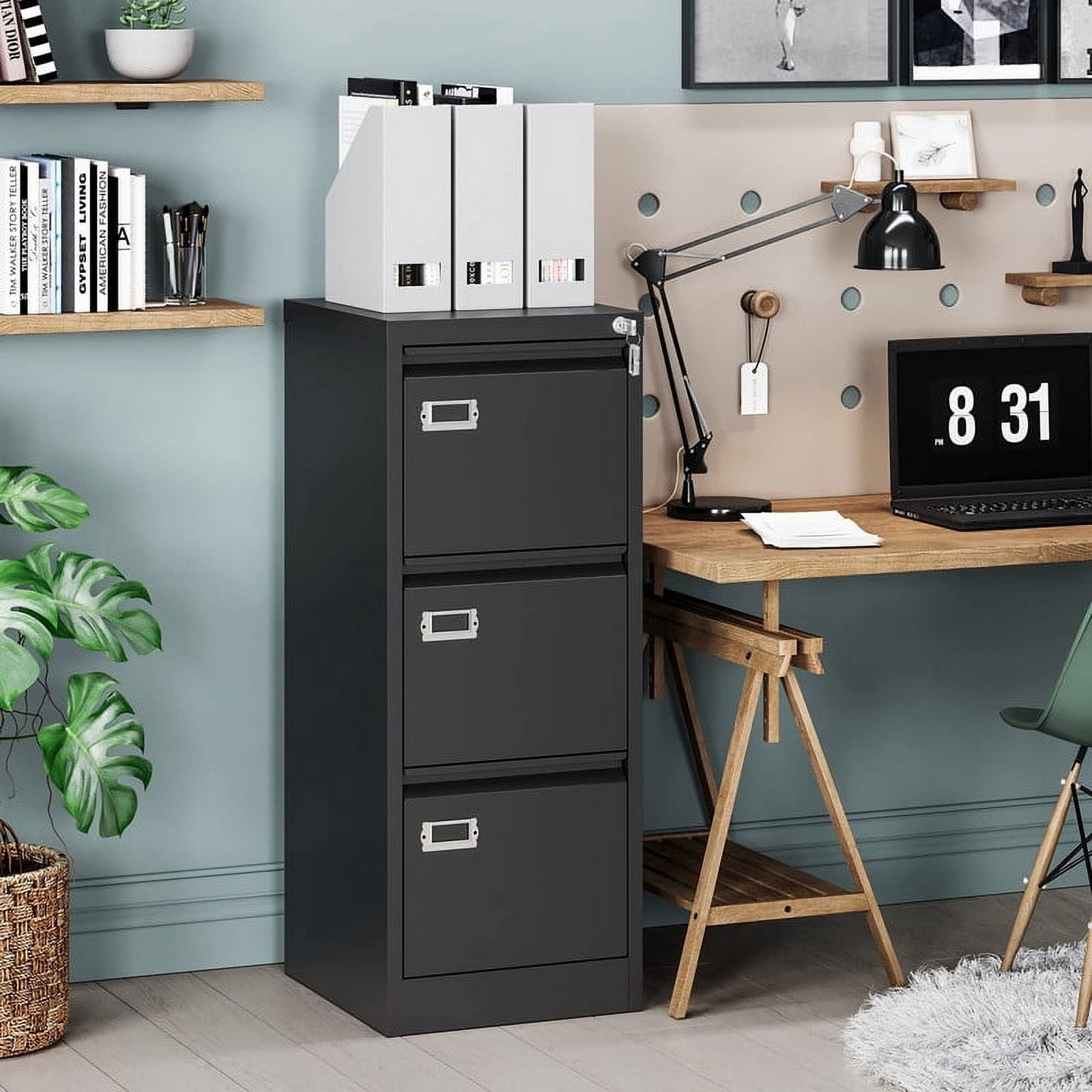 MIIIKO 3 Drawer File Cabinet,Metal Vertical Filing Cabinets with Lock,Storage A4/F4/Letter/Legal for Home Office-Assembly Required(3 Drawer-Black)