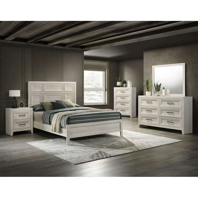 Off-White Dresser - 4-Drawer Geometric Design with Metal