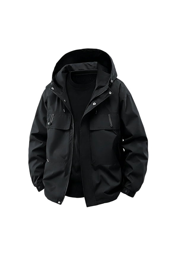 Hood Cargo Wind Jacket for Men Oversized Drawstring with Multi Pocket Lightweight Water Resistant Outerwear for Hiking Camping Daily Attire