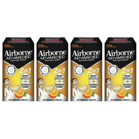 Airborne Vitamin C 500mg (per serving) – Citrus Chewables (44ct), Gluten Free and Non-GMO Naturally Flavored Immune Health Support Supplement With Betaboost (Epicor) Antioxidant, 2in1(Pack of 4)