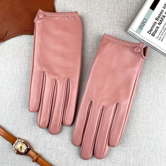 Genuine Leather Gloves Women's Spring and Autumn Thin Touch Screen Driving Cycling Electric Car Simple Fashionable Short First Layer SheepskinPink-L
