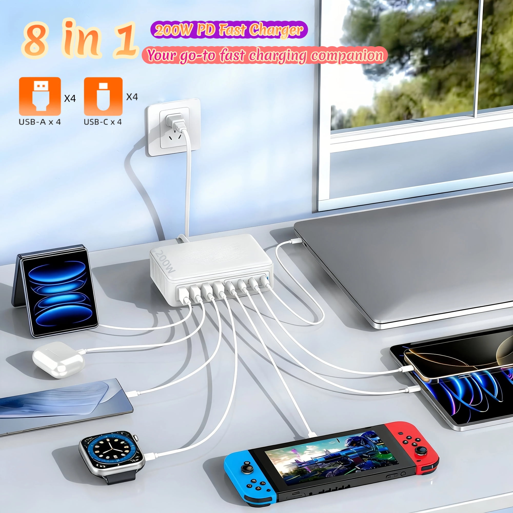 Fast Charger USB C Charger Block, 200W GaN 8 Port USBC Charging Station USB Hub Block Cube, PD 65W Laptop Charging Station for Multiple Devices iPhone 17/16/15,MacBook Pro/Air,iPad,White