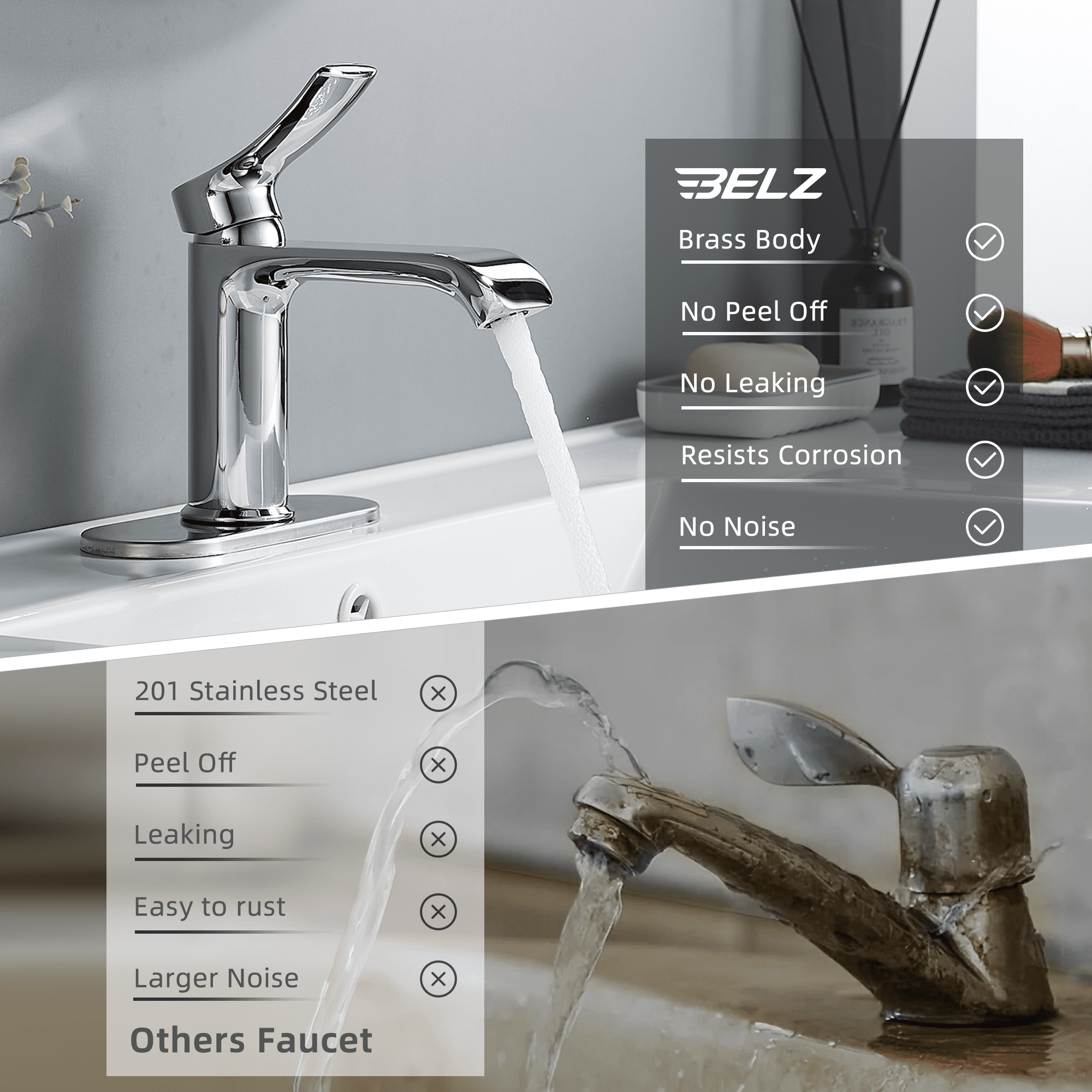 BELZ Bathroom Faucet Modern Waterfall Bathroom Sink Faucet with Single Handle with Pop Up Drain and Deck Plate Suitable for 1 or 3 Holes, Chorme