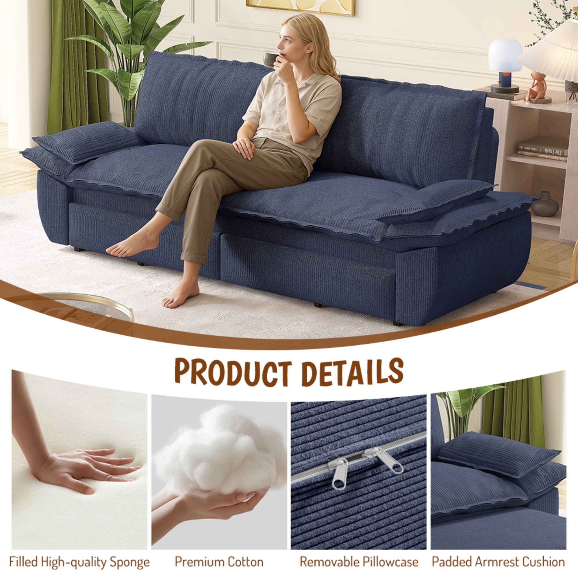 LLappuil 73" Pull Out Sofa Bed Queen Size, Corduroy Loveseat Sofa Couch Convertible Sofa Bed for Living Room Blue