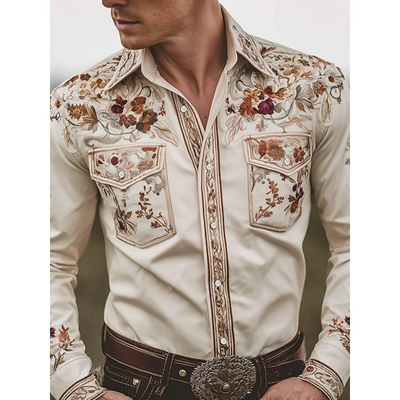 Western Cowboys Mens Long Sleeve Button Down Shirts Casual Mens Button Up Shirts Regular Fit Tops Beige XXL