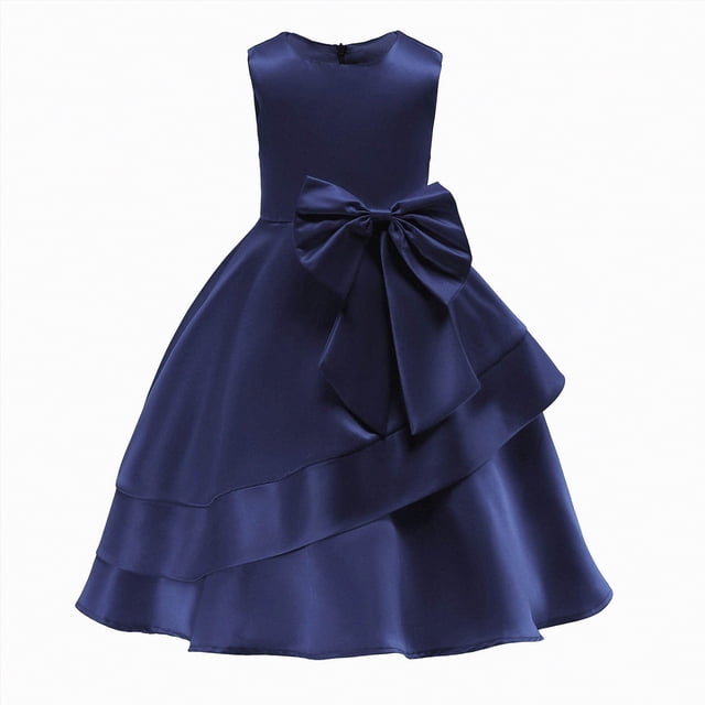 gdxvjhbj Robes pour Enfants Filles Robes Formelles Fête Mariage Tulle Sans Manches Contraste Maille Asymétrique Robe Taille 7-8 (Bleu Foncé, 7-8 Ans)