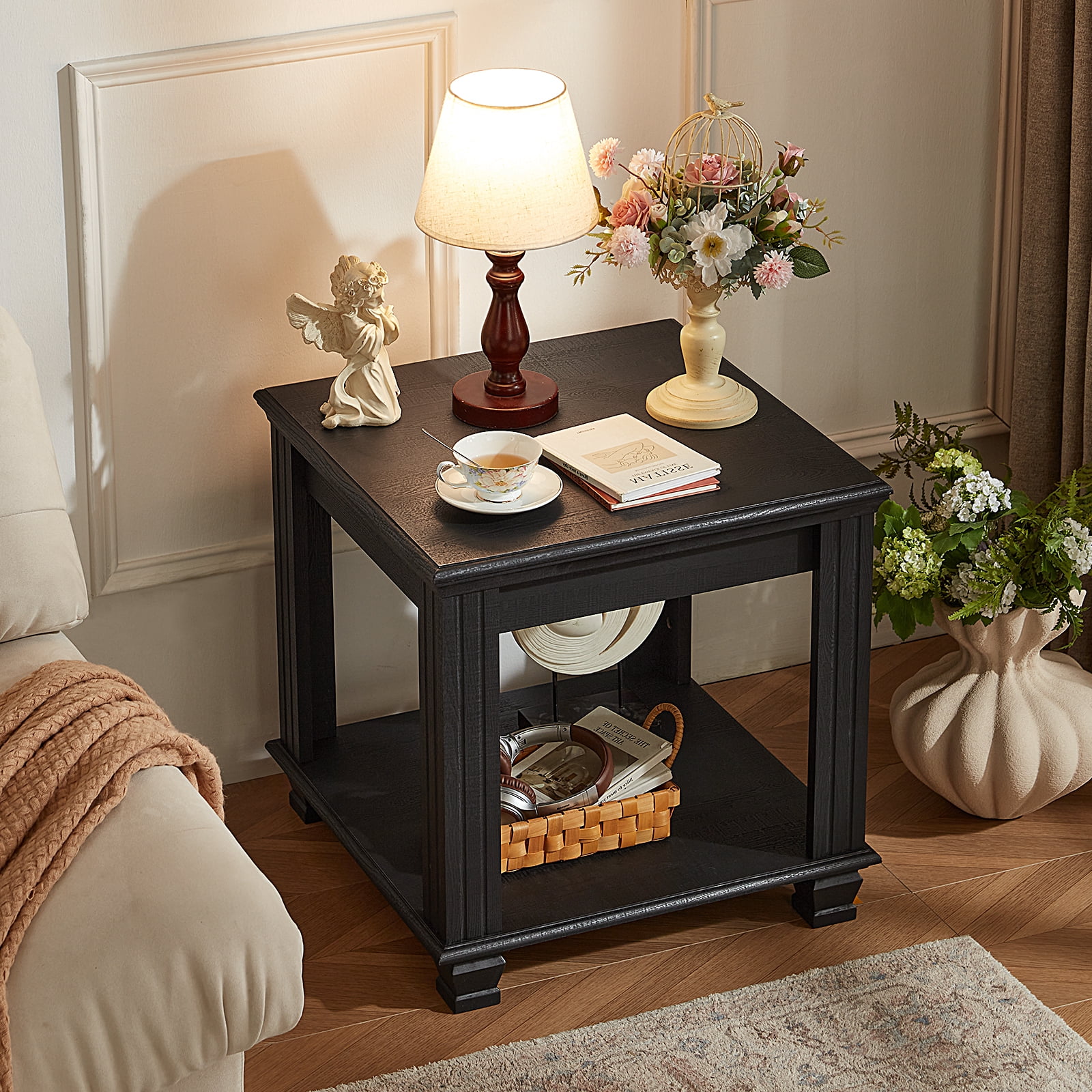Buildhom Farmhouse End Table, Large 2-Tier Side Table with Storage Shelf, Rustic Brown Square Tea Table for Living Room, Black