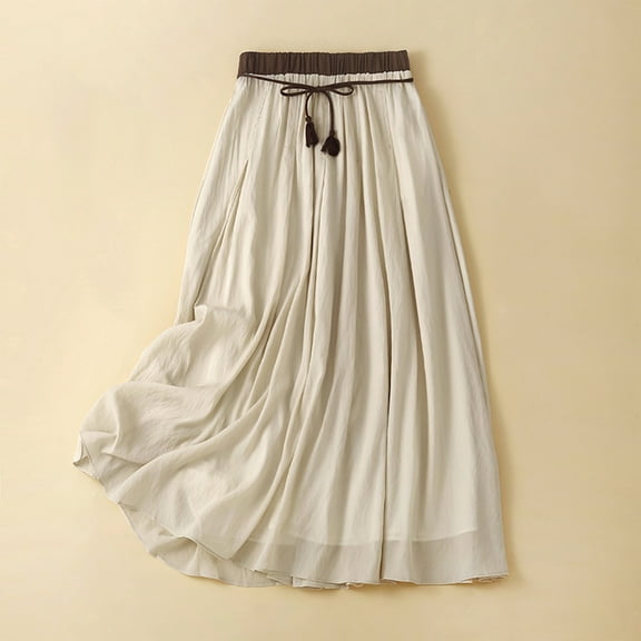 LEBONYARD Women's Floral Midi Skirts Summer,Women's Summer Double Layered Solid and Linen Elastic Waist Skirt Khaki M