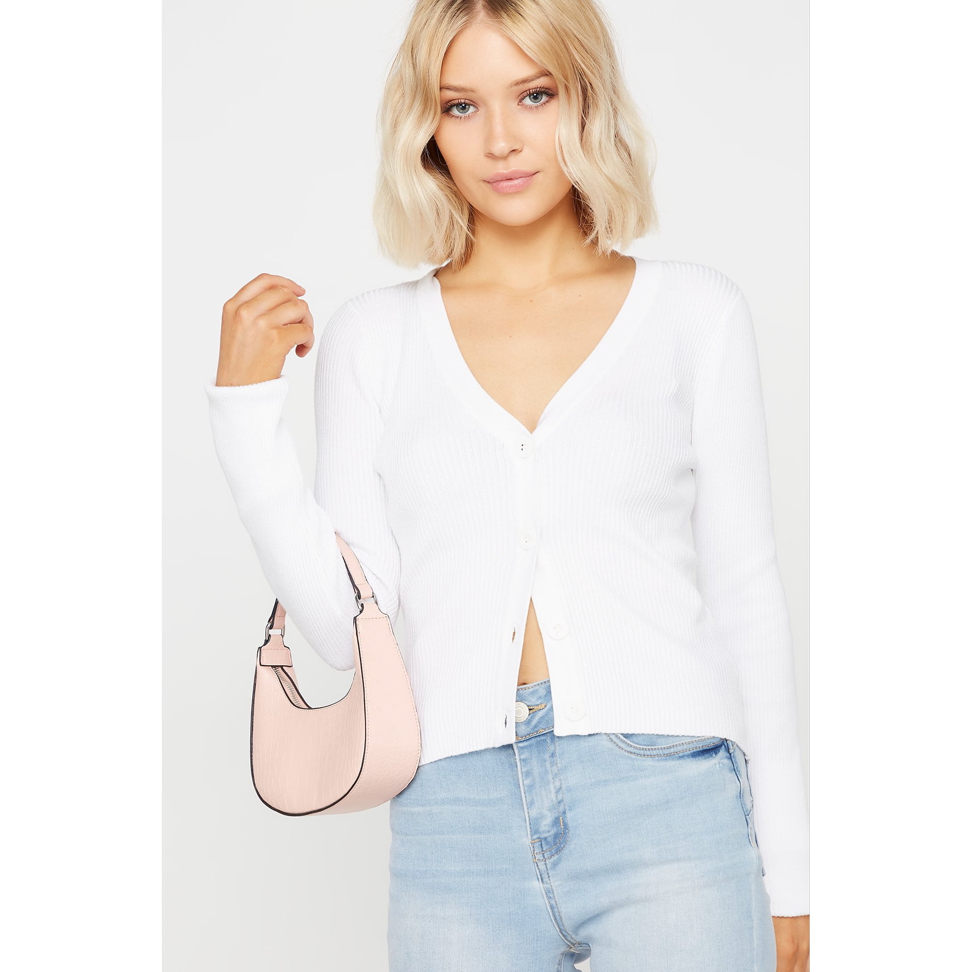 Urban Planet Women's Ribbed V Neck Button Up Cropped Cardigan Urban Planet Women's Ribbed V Neck Button Up Cropped Cardigan