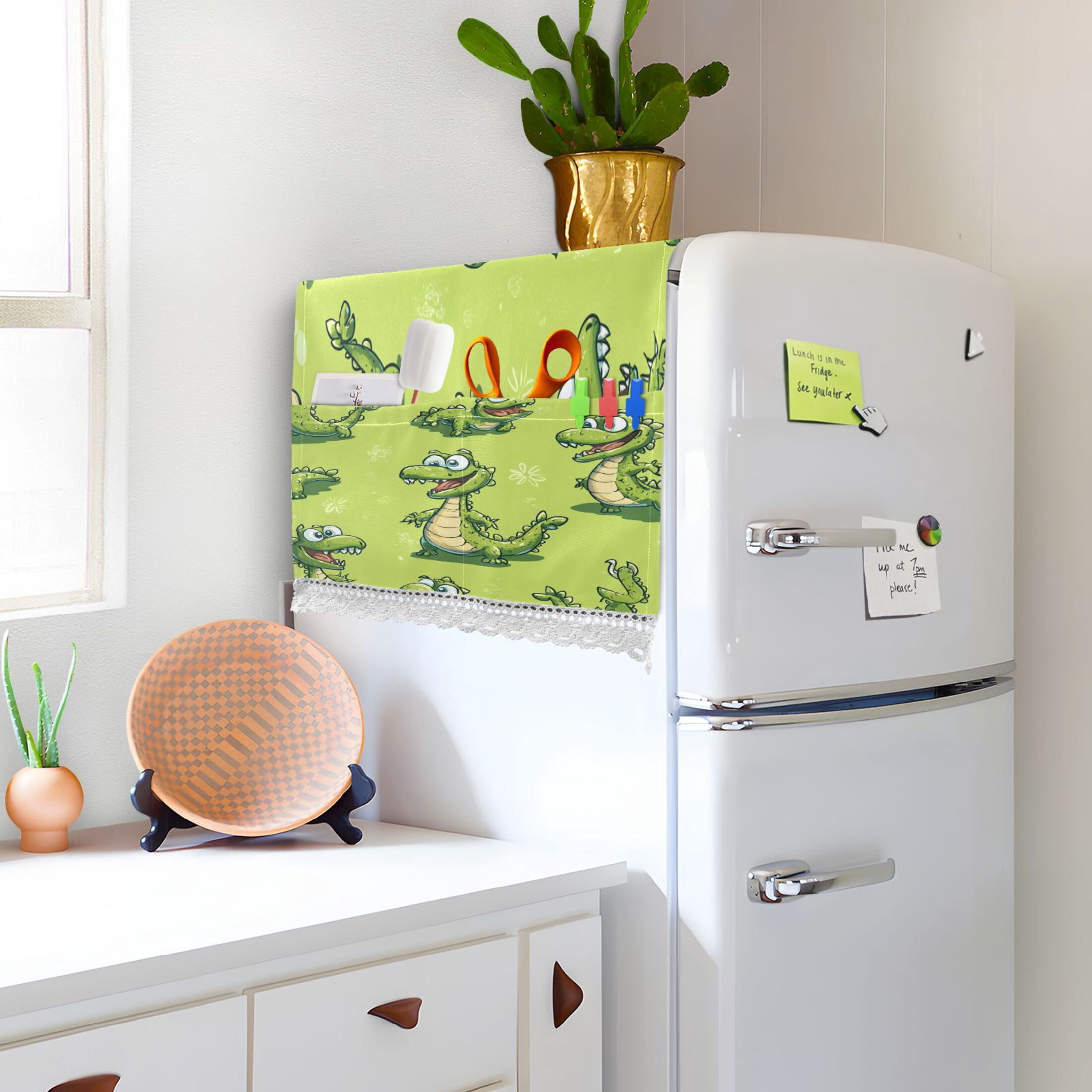 Lovely Cartoon CrocodileWasher and Dryer Covers Dust-Proof and Oil Resistant Fridge Cover with 4 Storage Pockets Washing Machine Top Cover for Laundry Kitchen Home 51.2 x 22 In
