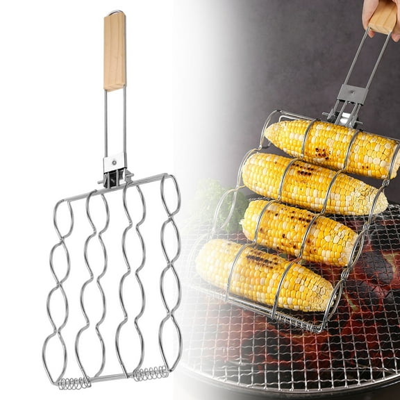 Foldable Stainless Steel Corn & Hot-Dog Grill Basket, Locking BBQ Clamp Rack with Cool-Touch Wooden Handle, Flip-Free, for Sausages, Steak, Vegetables Cooking, Easy to Clean & Store, 22.04x6.69"