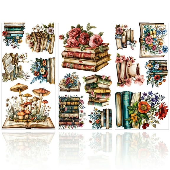3pcs Vintage Book Flower Furniture Transfer 6x12inch Book Mushroom Rub on Transfer for Bedroom Living Room Desk Table Decoration Plastic Self-Adhesive Wall Art Decals