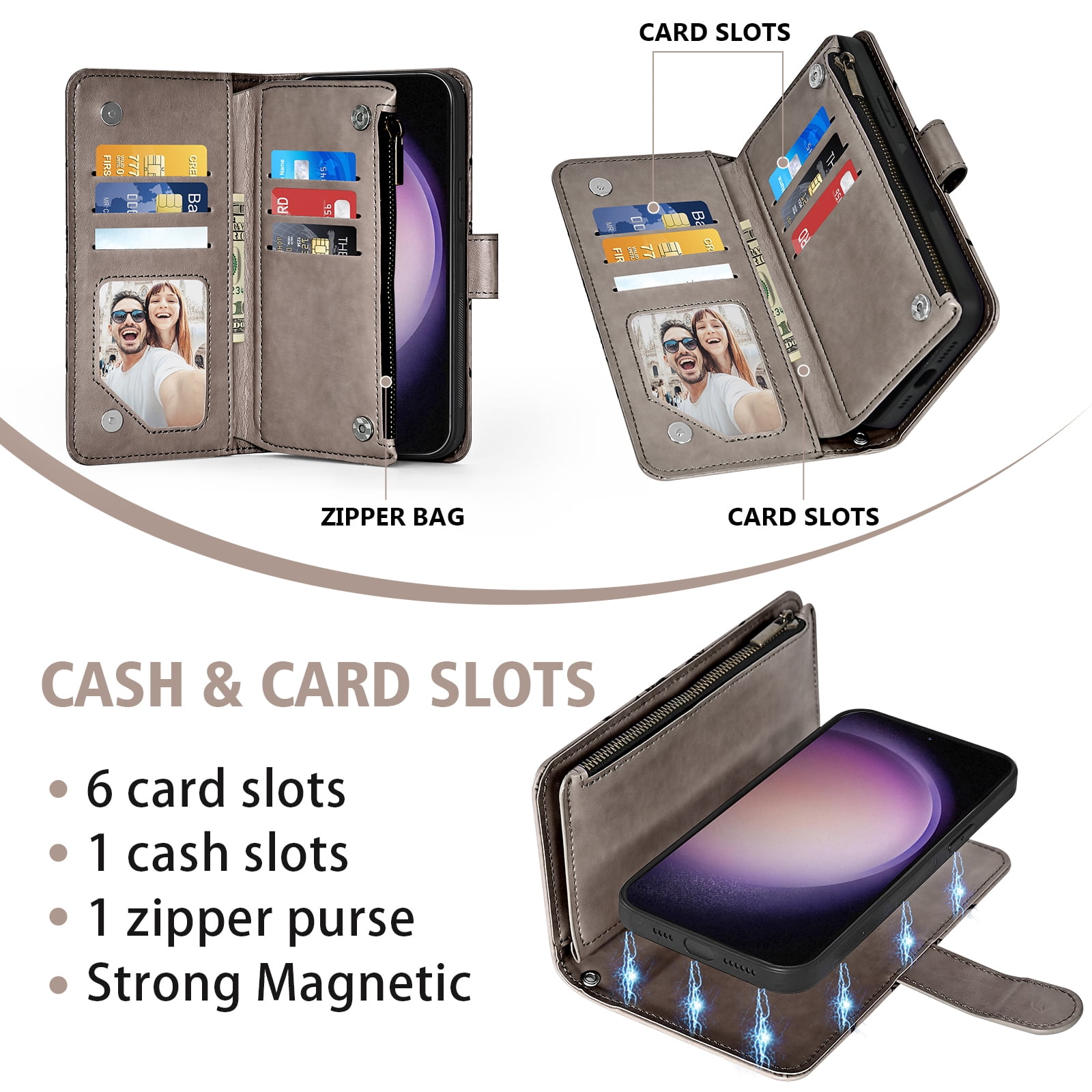 Asuwish Phone Case for Samsung Galaxy S23 5G Zipper Wallet Magnetic Detachable Cell Cover with Tempered Glass Screen Protector Crossbody Strap Flower Card Holder Slot S 23 23S SM-S911U Women Purple