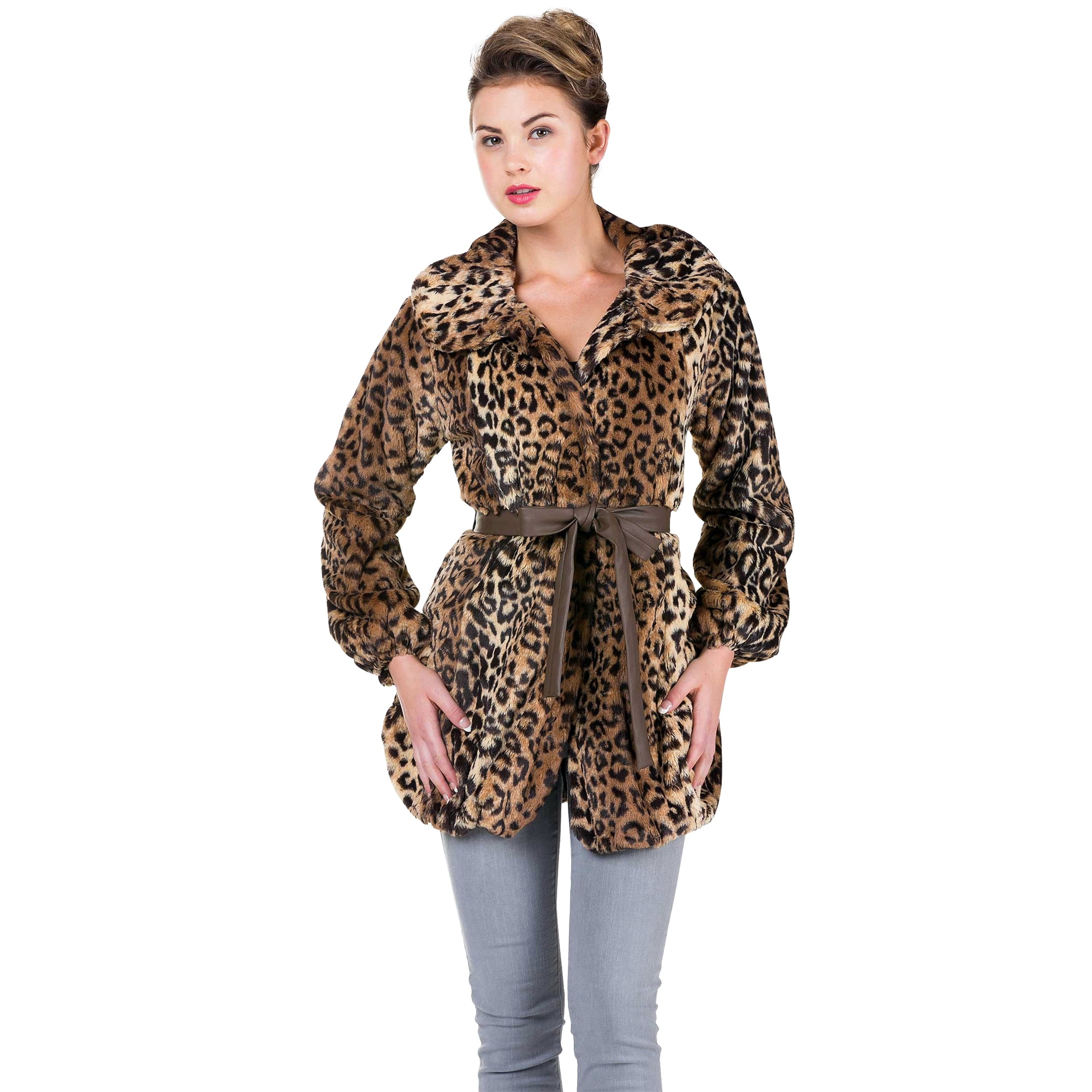 Women Leopard Faux Fur Long Sleeve Jacket with Faux Leather Belt (BROWN ...