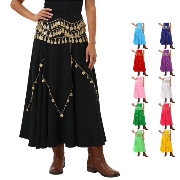Wxolcjlv Womens Coin Embellished Maxi Skirt Wide Swing Cut for Belly Dance Stage Performance Events Skirts