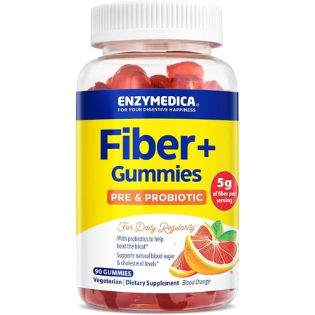 Enzymedica Fiber+ Gummies with Prebiotics & Probiotics for Daily Regularity, Vegetarian, 5g Fiber, Natural Fiber Supplement, Blood Orange Flavor, 90 count