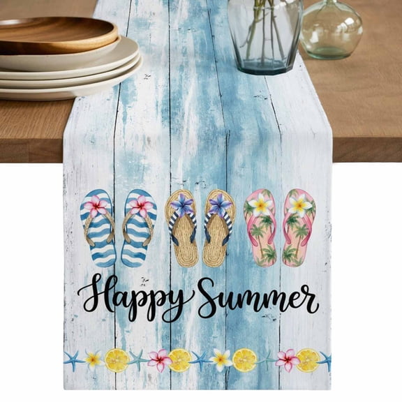 Summer Beach Table Runner 60 Inches, Happy Summer Slippers Coastal Blue Wooden Bed Runner Dresser Scarves Tabletop for Indoor Outdoor Parties/Ceremony/Banquet, 13" x 60"