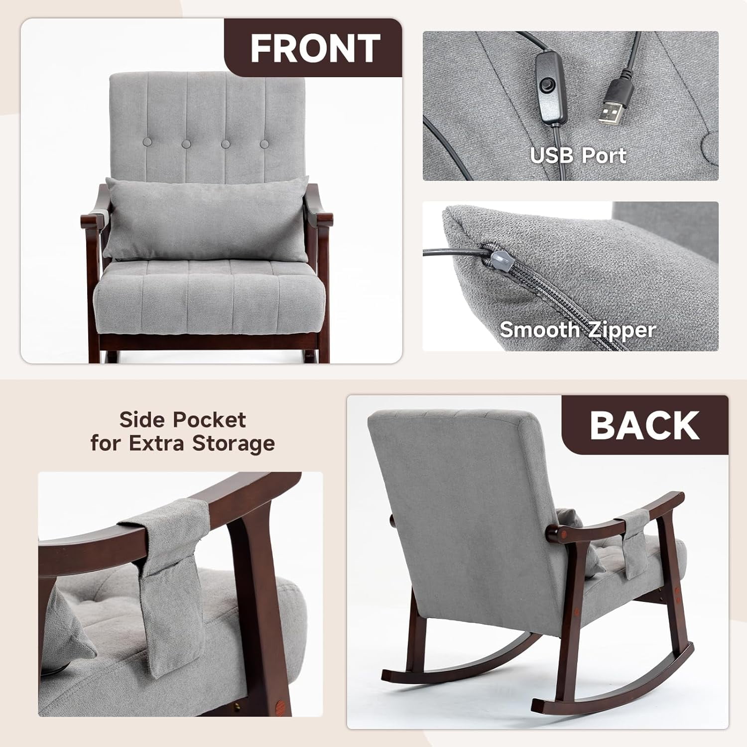 Upholstered Rocking Chair with Massage Lumbar Support,Glider Chair with Side Pocket, Nursery Rocker with High Backrest,Rubber Wood Legs, Rocking Accent Armchair for Living Room Bedroom Nursery
