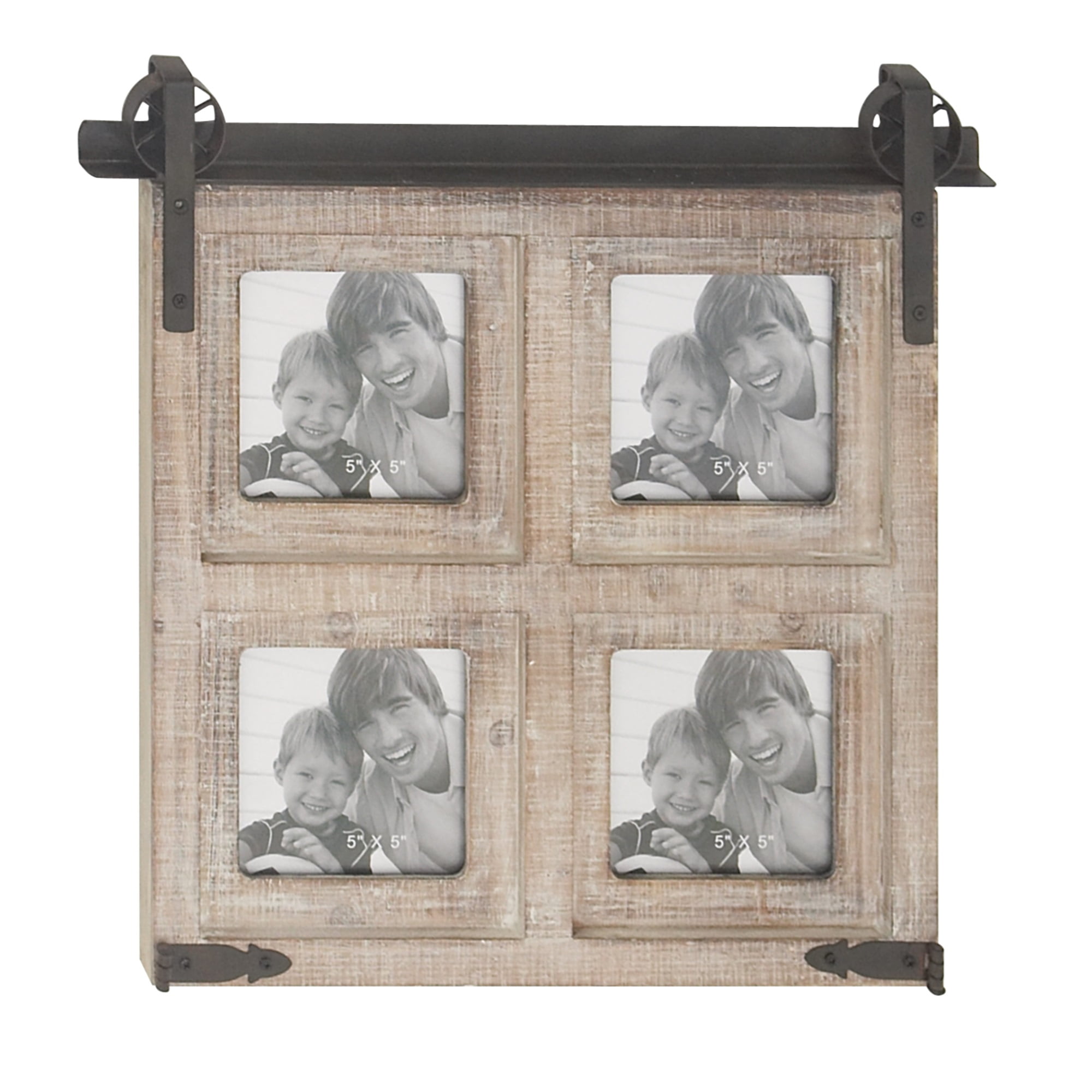 Wooden Photo Frame with 4 Slots and Metal Accents, Brown and Black