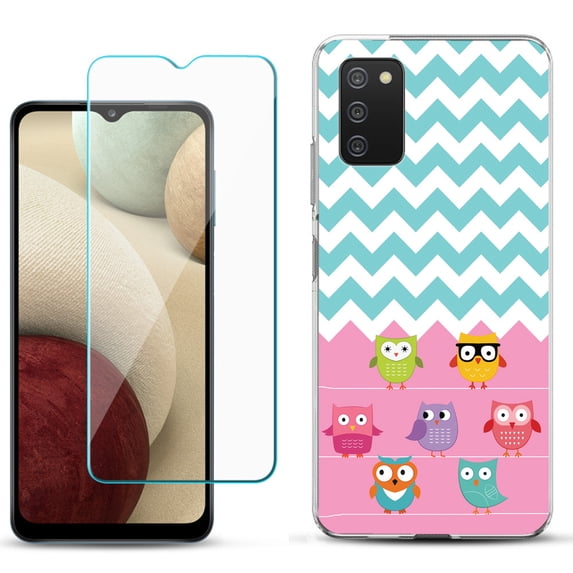 Slim-Fit TPU Phone Case Compatible with Samsung Galaxy A02s, with Tempered Glass Screen Protector, by OneToughShield ® - Chevron/Teal/Owl