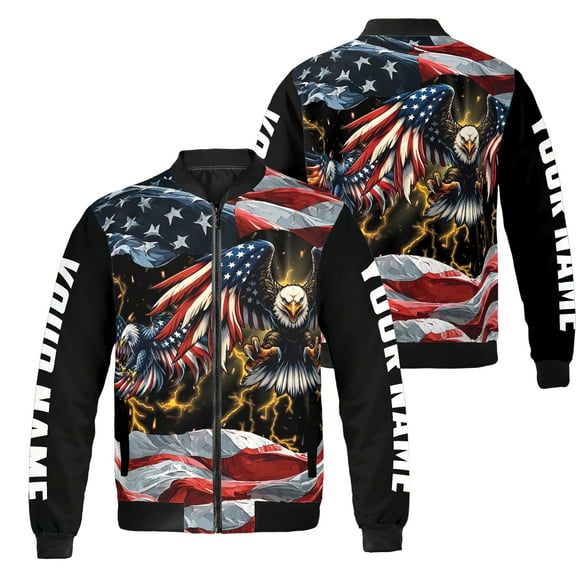 Lotusprinthandmade Personalized Patriotic America Flag Eagle Bomber Jacket S-5XL Multicolor (S), custom name eagle us flag bomber, america eagle bomber jacket
