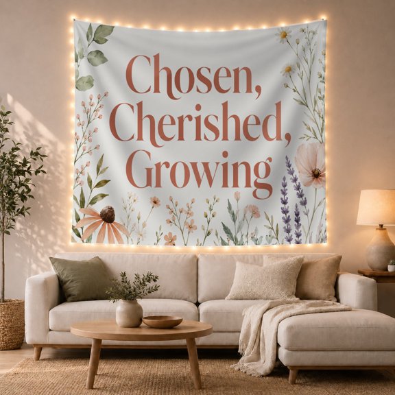 Botanical Floral Quote with Pale Blue Background, Serene Watercolor for Women, Inspirational Wall Art, Housewarming Gift, Tapestry Wall Hanging for Bedroom and Living Room